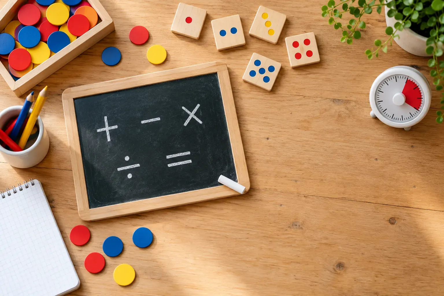 Bureau d'enfant avec une petite ardoise, des cartes de nombres en bois, un minuteur et des jetons de couleur