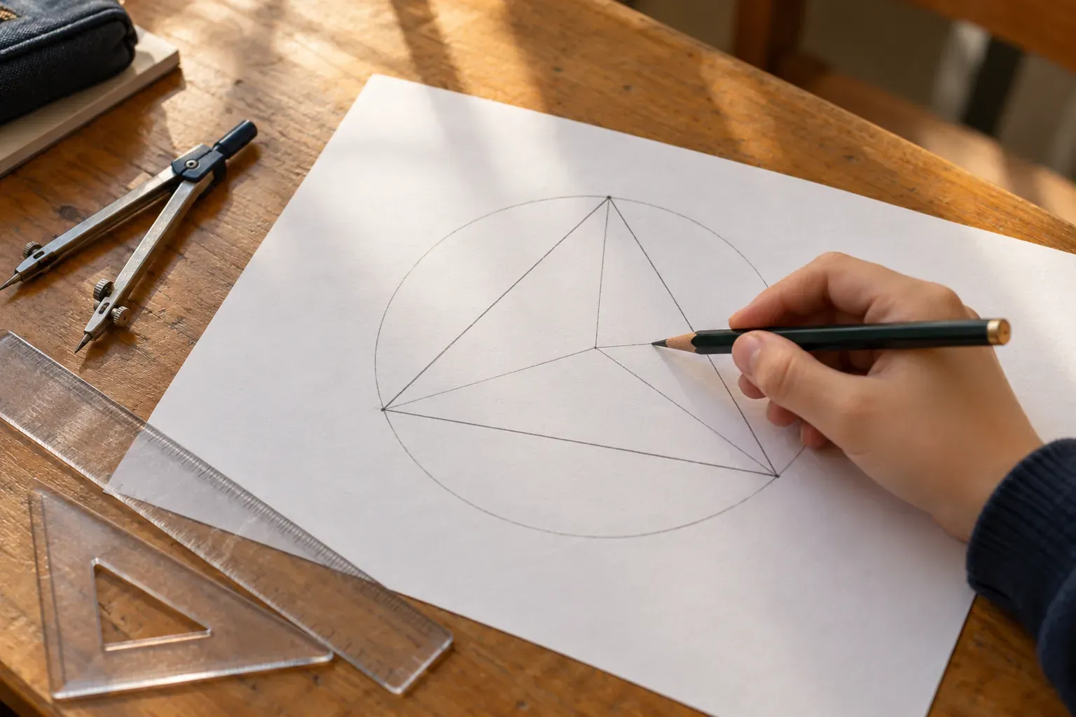 Bureau d'élève avec compas, équerre et triangle aux droites remarquables tracées au crayon