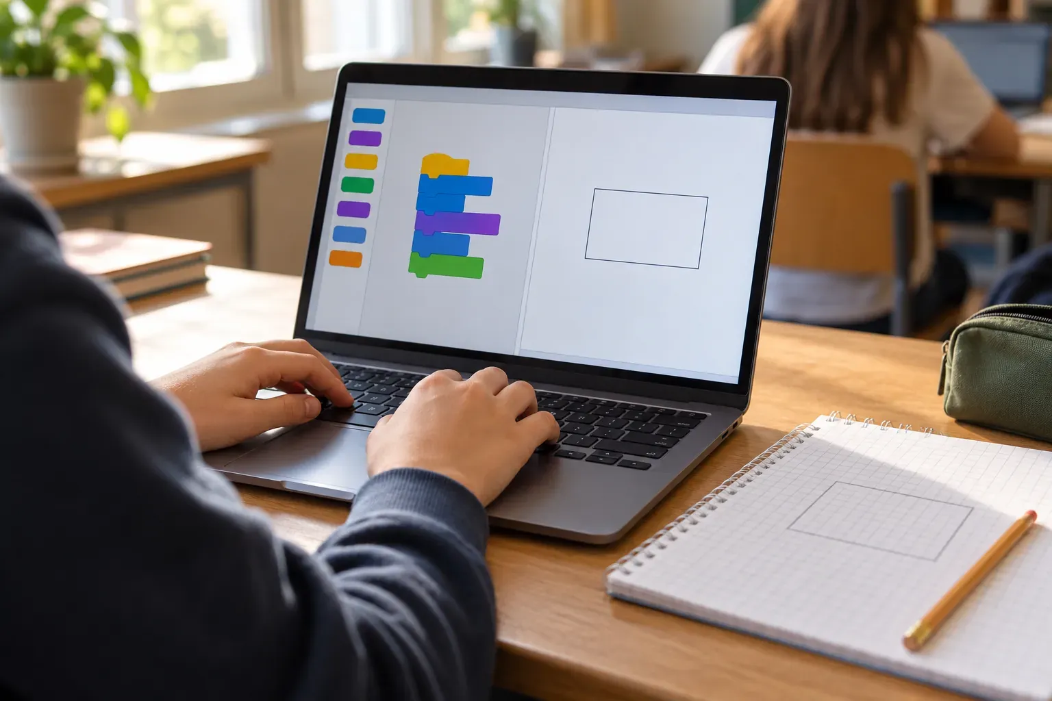 Mains d'un collégien programmant un rectangle avec des blocs Scratch sur un ordinateur portable